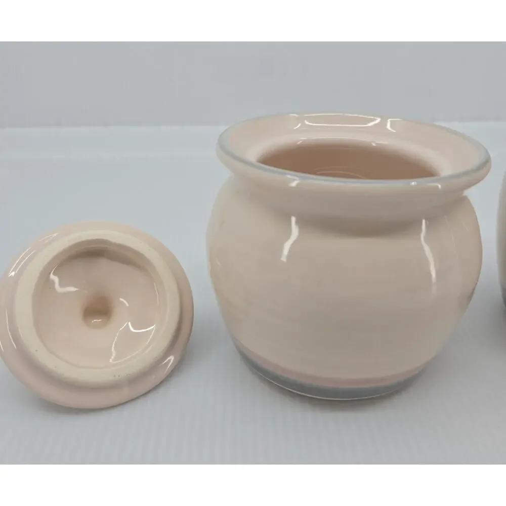 Pfaltzgraff Aura Pink Creamer & Covered Sugar Bowl Set Striped Stoneware USA